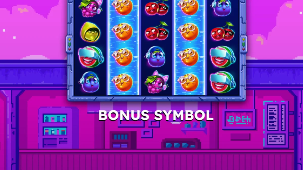 Tampilan visual retro arcade dari slot Frooty Troupe – Game On!